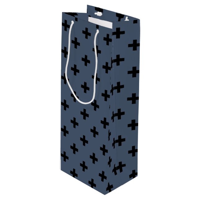 Schwarze Polka-Kreuze auf blau-grau Geschenktüte Für Weinflaschen (Vorderseite Schrägansicht)