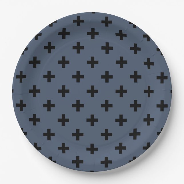 Schwarze Polka-Kreuze auf blau-grau Pappteller (Vorderseite)
