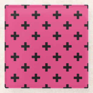 Schwarze Polka-Kreuze auf Fuchsia Glasuntersetzer