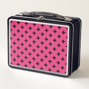 Schwarze Polka-Kreuze auf Fuchsia Metall Brotdose