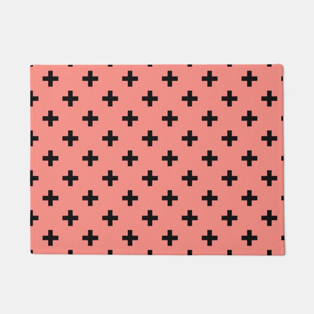 Schwarze Polka-Kreuze auf Pfirsich Fußmatte (Vorderseite)