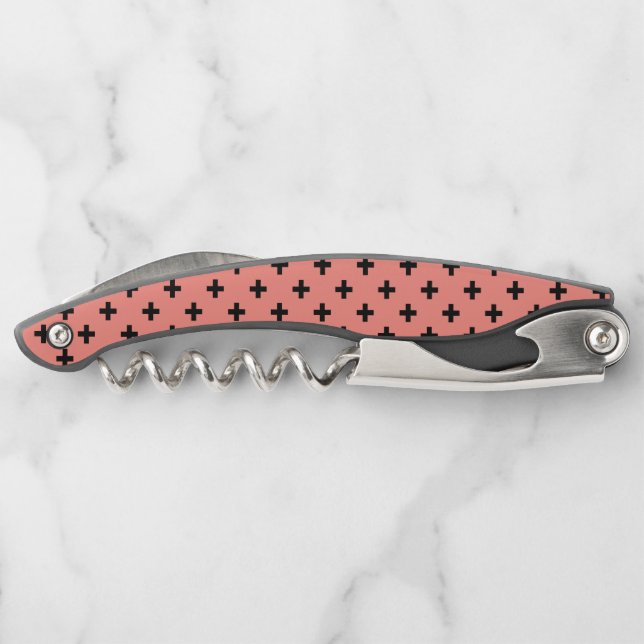 Schwarze Polka-Kreuze auf Pfirsich Kellnermesser (Rückseite)