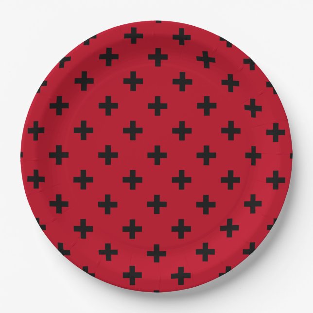 Schwarze Polka Kreuze auf rot Pappteller (Vorderseite)