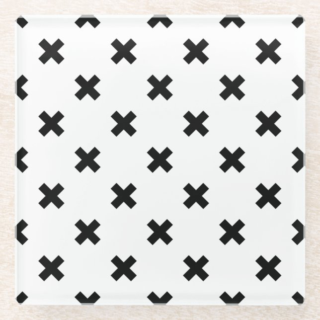 Schwarze Polka-Kreuze auf Weiß Glasuntersetzer (Vorderseite)