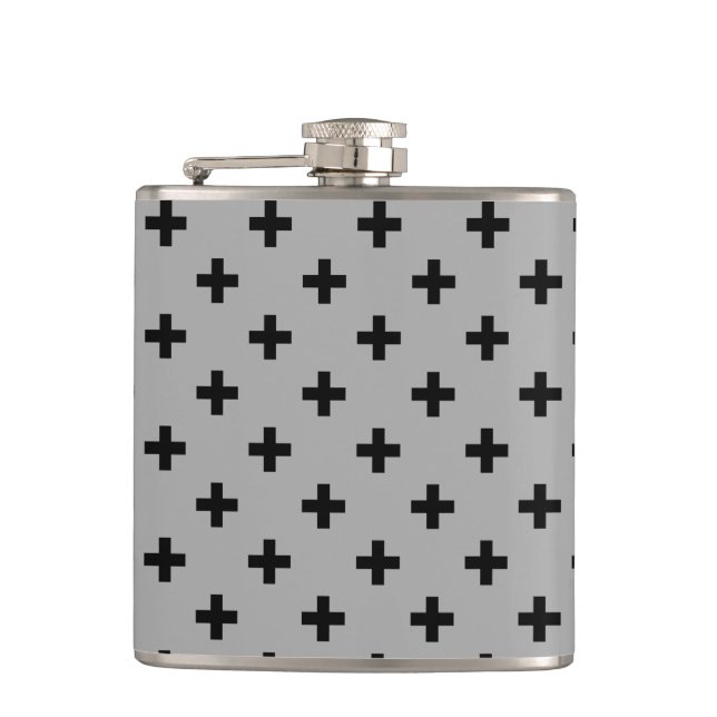 Schwarze Polka kreuzt grau Flachmann (Vorderseite)