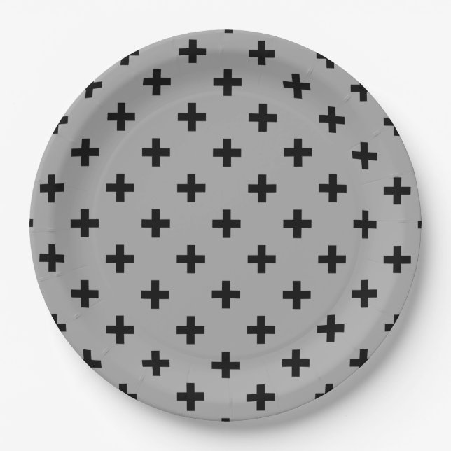 Schwarze Polka kreuzt grau Pappteller (Vorderseite)