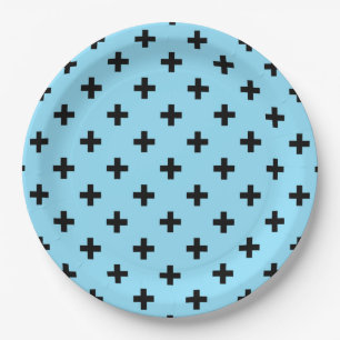 Schwarze Polka kreuzt in Babyblau Pappteller