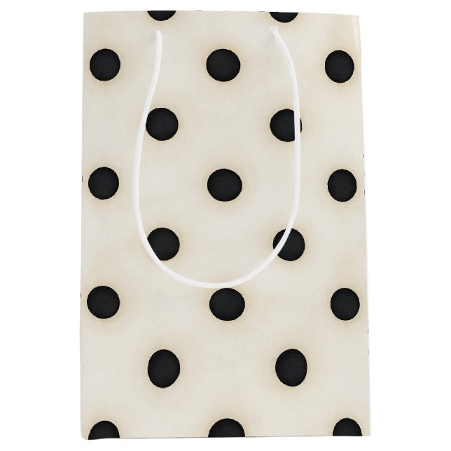 Schwarze Polka Punkte auf antikem Weiß Mittlere Geschenktüte (Vorderseite)