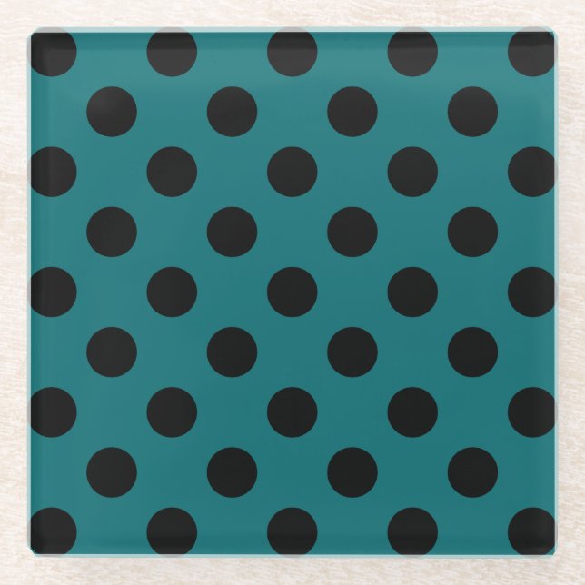 Schwarze Polka Punkte auf aquamarin Glasuntersetzer (Vorderseite)