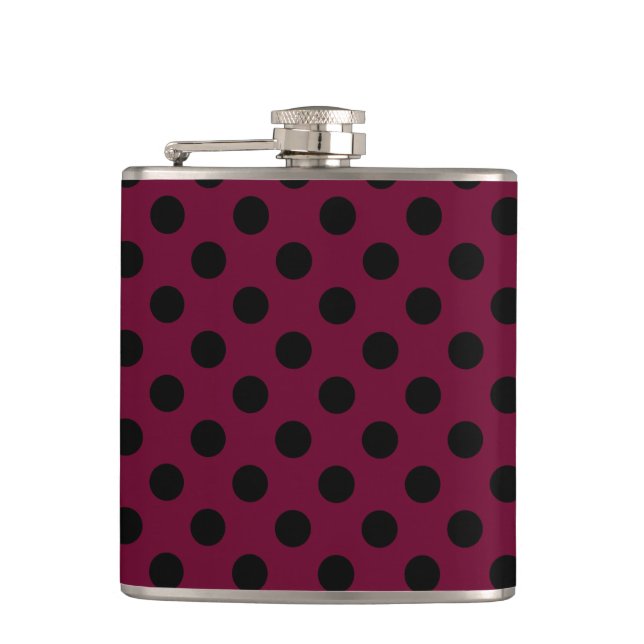 Schwarze Polka-Punkte auf Bordeaux Flachmann (Vorderseite)
