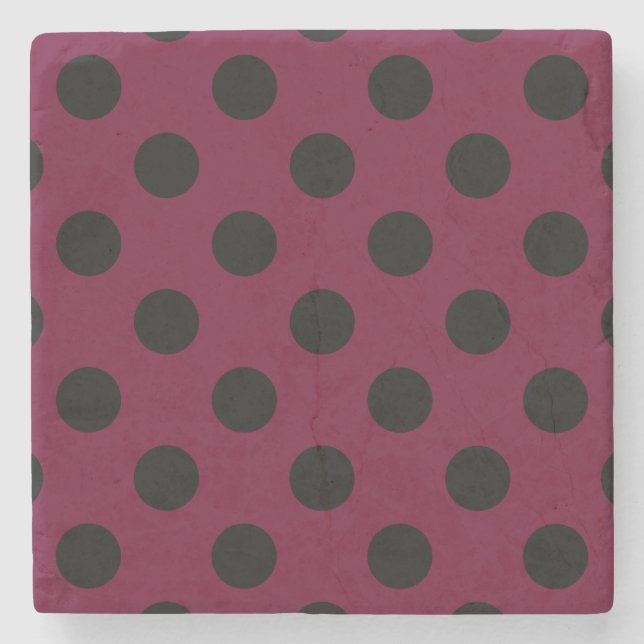 Schwarze Polka-Punkte auf Bordeaux Steinuntersetzer (Vorderseite)