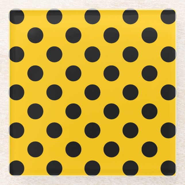 Schwarze Polka-Punkte auf Gelb Glasuntersetzer (Vorderseite)