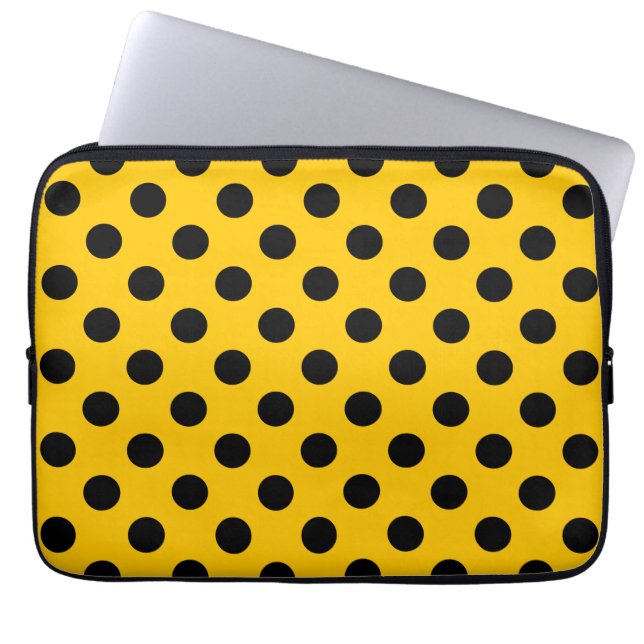 Schwarze Polka-Punkte auf Gelb Laptopschutzhülle (Vorderseite)