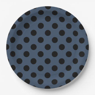 Schwarze Polka-Punkte auf grau-blau Pappteller