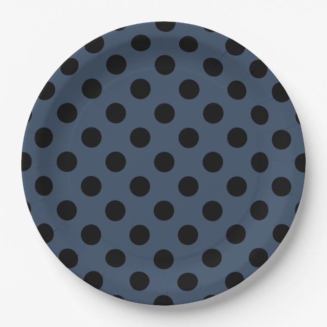 Schwarze Polka-Punkte auf grau-blau Pappteller (Vorderseite)
