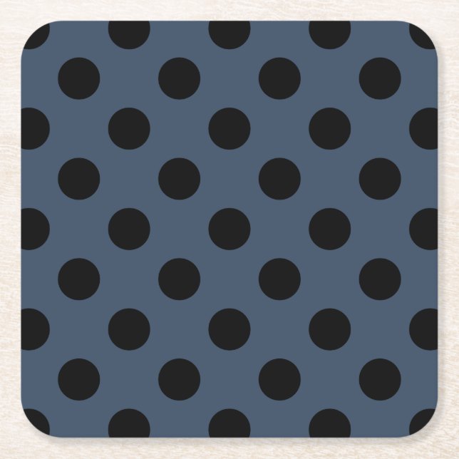 Schwarze Polka-Punkte auf grau-blau Rechteckiger Pappuntersetzer (Vorderseite)