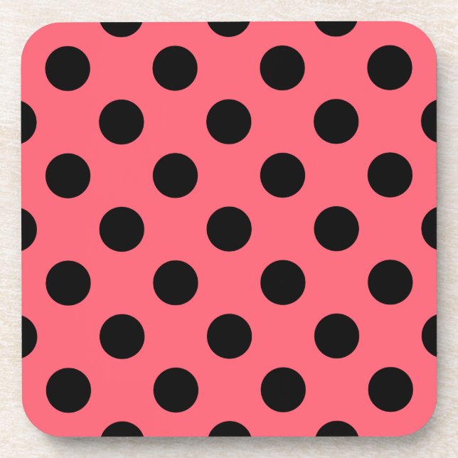 Schwarze Polka Punkte auf Korallen Getränkeuntersetzer (Vorderseite)