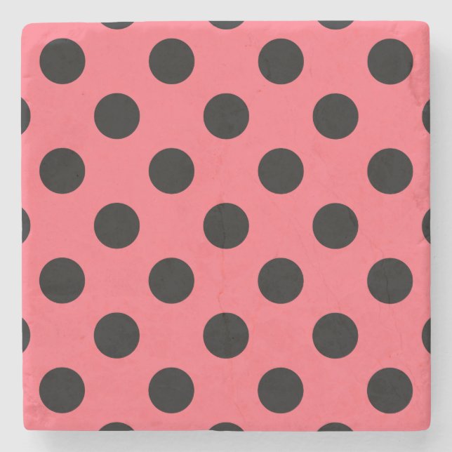 Schwarze Polka Punkte auf Korallen Steinuntersetzer (Vorderseite)