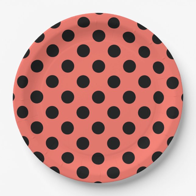 Schwarze Polka-Punkte auf lebende Korallen Pappteller (Vorderseite)