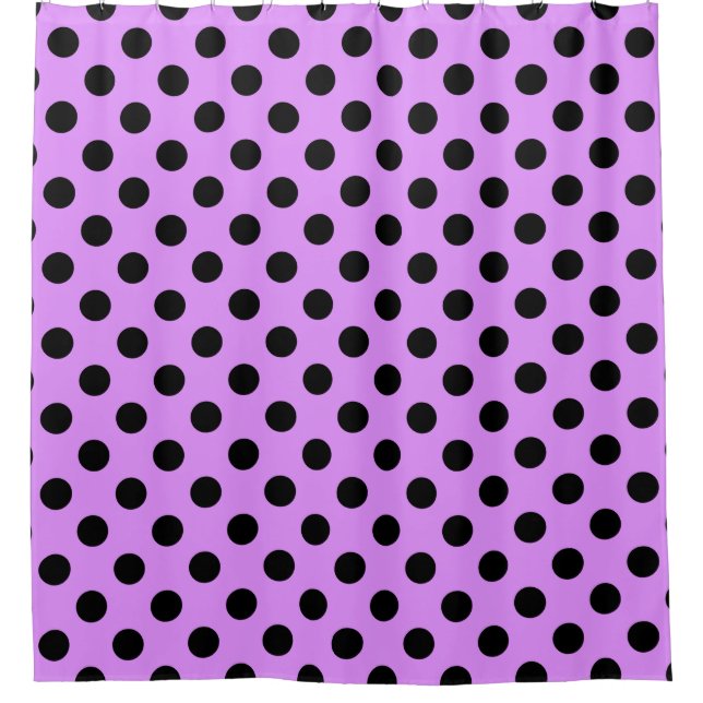 Schwarze Polka-Punkte auf Lila Duschvorhang (Vorderseite)