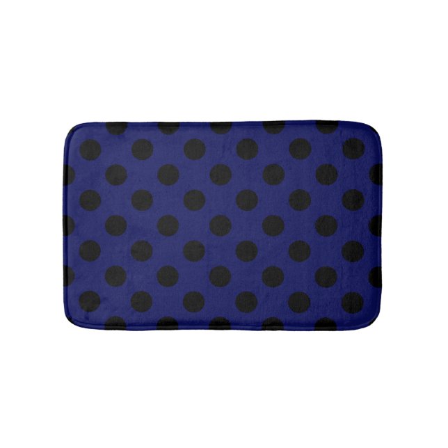 Schwarze Polka Punkte auf marineblau Badematte (Vorderseite)
