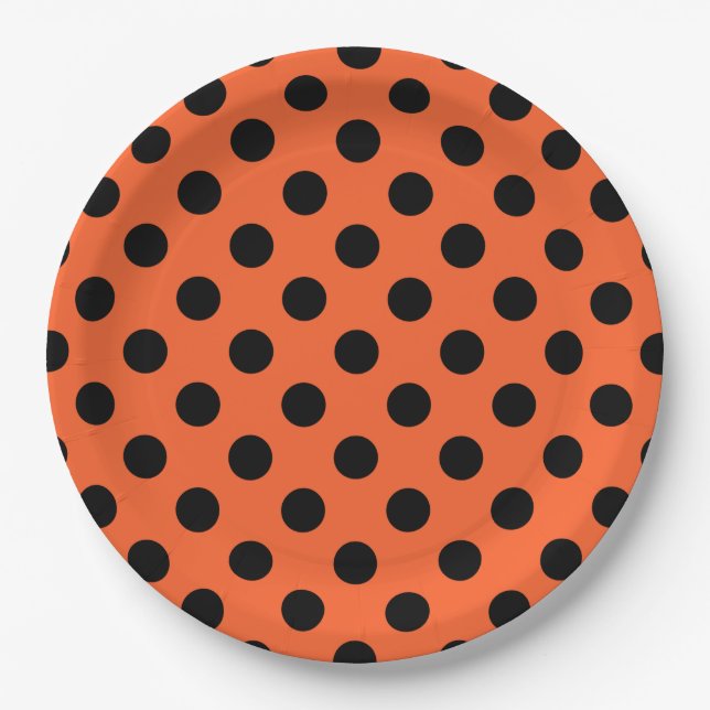 Schwarze Polka-Punkte auf Orange Pappteller (Vorderseite)