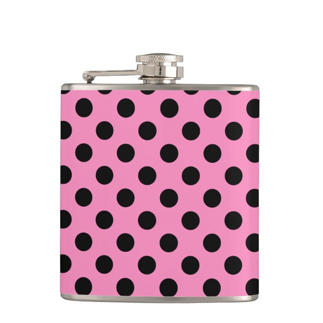 Schwarze Polka-Punkte auf Rosa Flachmann (Vorderseite)
