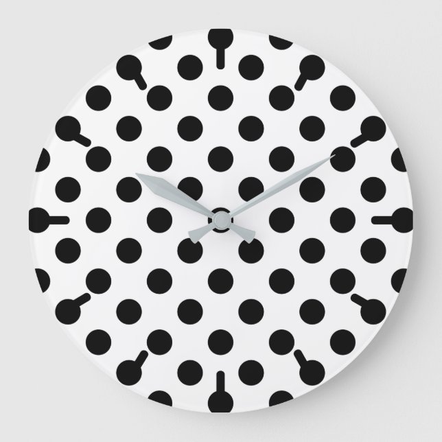 Schwarze Polka Punkte auf weiß Große Wanduhr (Vorderseite)