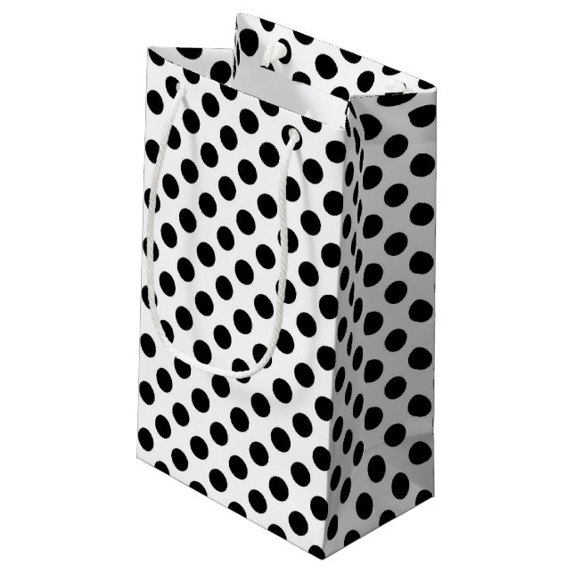 schwarze Polka-Punkte auf weiß Kleine Geschenktüte (Rückseite Schrägansicht)