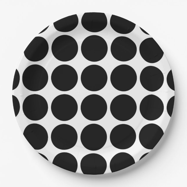 Schwarze Polka-Punkte auf Weiß Pappteller (Vorderseite)