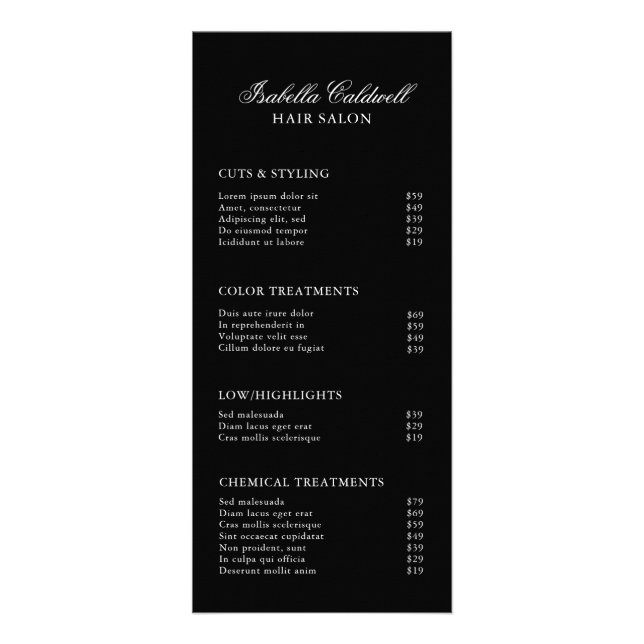 Schwarze Preisliste für Eleganthaarsalon Werbekarte (Vorne)