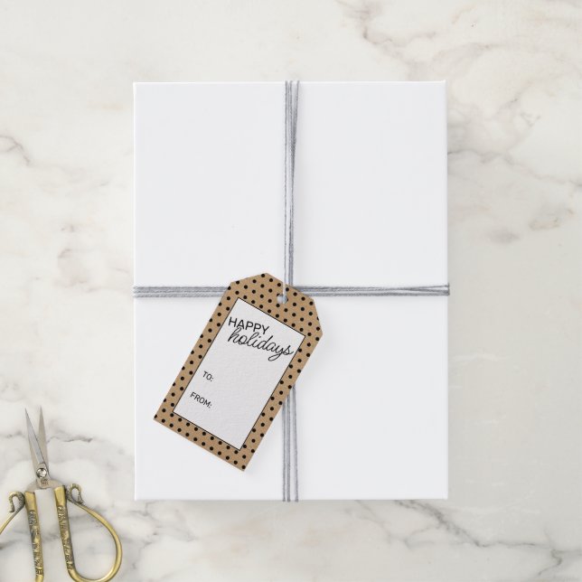 Schwarze Punkte auf Imitaten, braune Kraft Papier  Geschenkanhänger (Mit Garn)