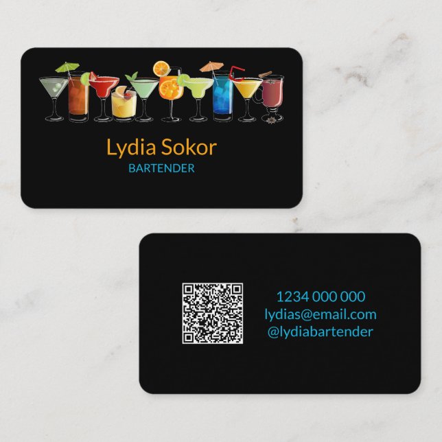 Schwarze QR-Kontaktkarte für modernen Barkeeper Visitenkarte (Vorne/Hinten)