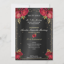 Schwarze Quinceañera-Einladungen mit roten Rosen