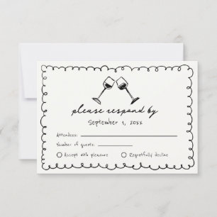 Schwarze Quirky handgezeichnete Weinberg-Hochzeit RSVP Karte