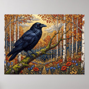Schwarze Rabe & Silberbirken-Tapete Poster