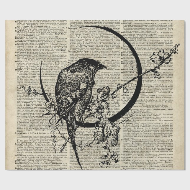 Schwarze Raben-Vogel-Schablone über alter Geschenkpapier (Flach)