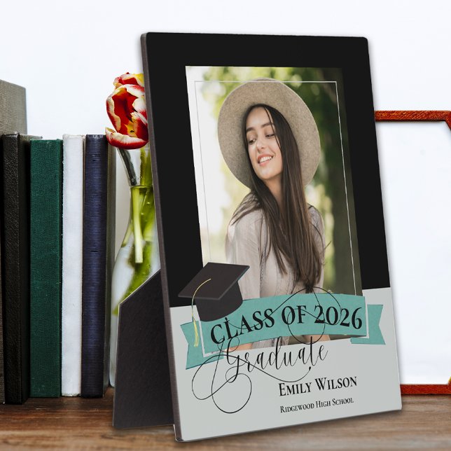 Schwarze Rahmengratulations-Andenken-Fotoplakette Fotoplatte (Black Frame Graduation Photo Plaque – Class of 2026 Personalized Keepsake)