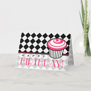 Schwarze Raute Geburtstagskarte mit rosa Cupcake Karte