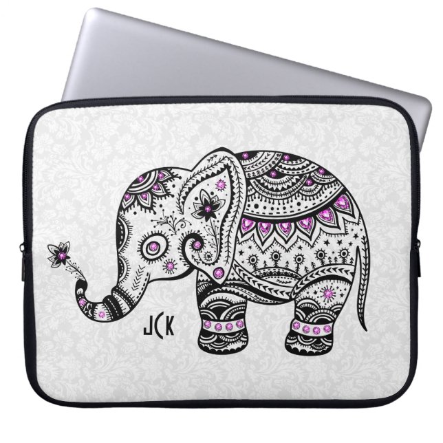 Schwarze Retro-Blume und elegante rosafarbene Diam Laptopschutzhülle (Vorderseite)