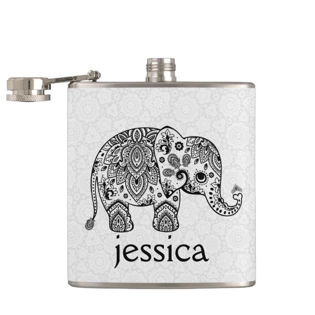 Schwarze Retro Paisley Elephant Illustration Flachmann (Geöffnet)