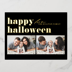 Schwarze Retro Typografie Happy Halloween Zwei-Fot Folien Feiertagspostkarte