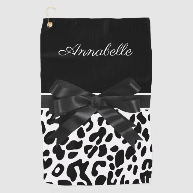 Schwarze Ribbon Leopard Print Golfhandtuch (Vorderseite)