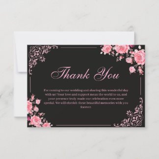 Schwarze & rosa Blumenhochzeit Danksagungskarte Dankeskarte