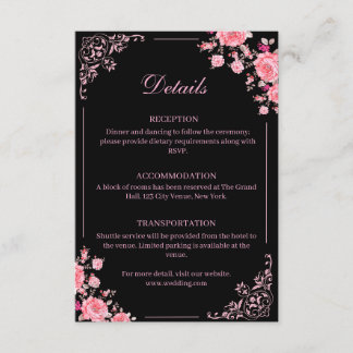 Schwarze & rosa florale Hochzeitseinlagekarte Begleitkarte