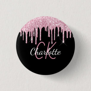 Schwarze rosa Glittertropfen mit individuellem Mon Button