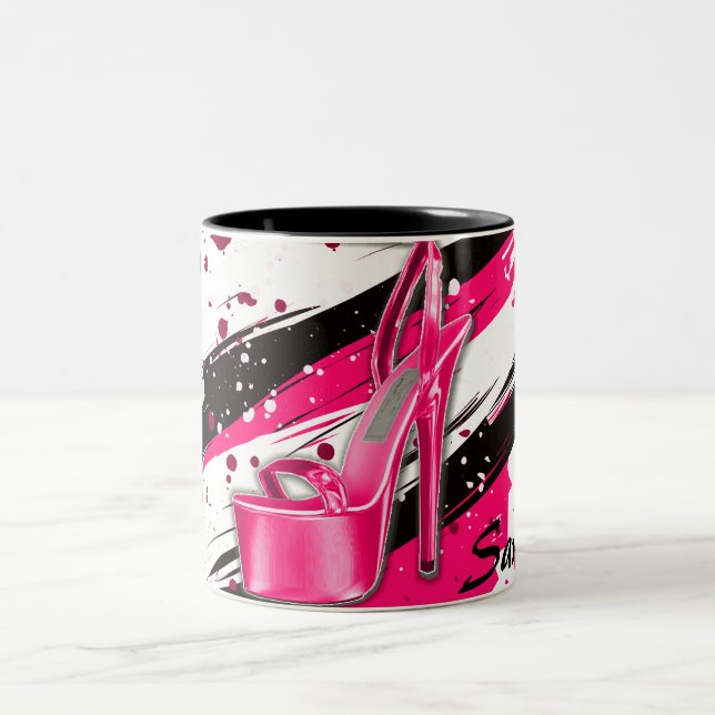 Schwarze, rosa und weiße heiße High Heels Zweifarbige Tasse (Mittel)