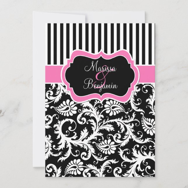 Schwarze rosa weiße gestreifte Damast-Hochzeit Einladung (Vorderseite)