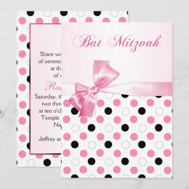 Schwarze, rosa, weiße Tupfen schlagen Mitzvah Einladung (Vorne/Hinten)
