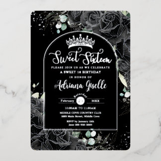 Schwarze Rose Bläserschwarz Silber Sweet 16 Geburt Folieneinladung